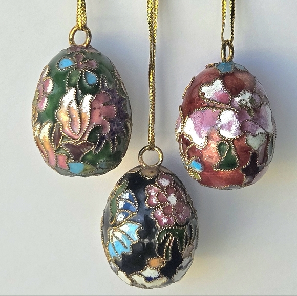 Vintage Other - VTG Cloisonne Mini Egg Ornaments Set of 3, Enamel Brass Butterfly Floral, RARE